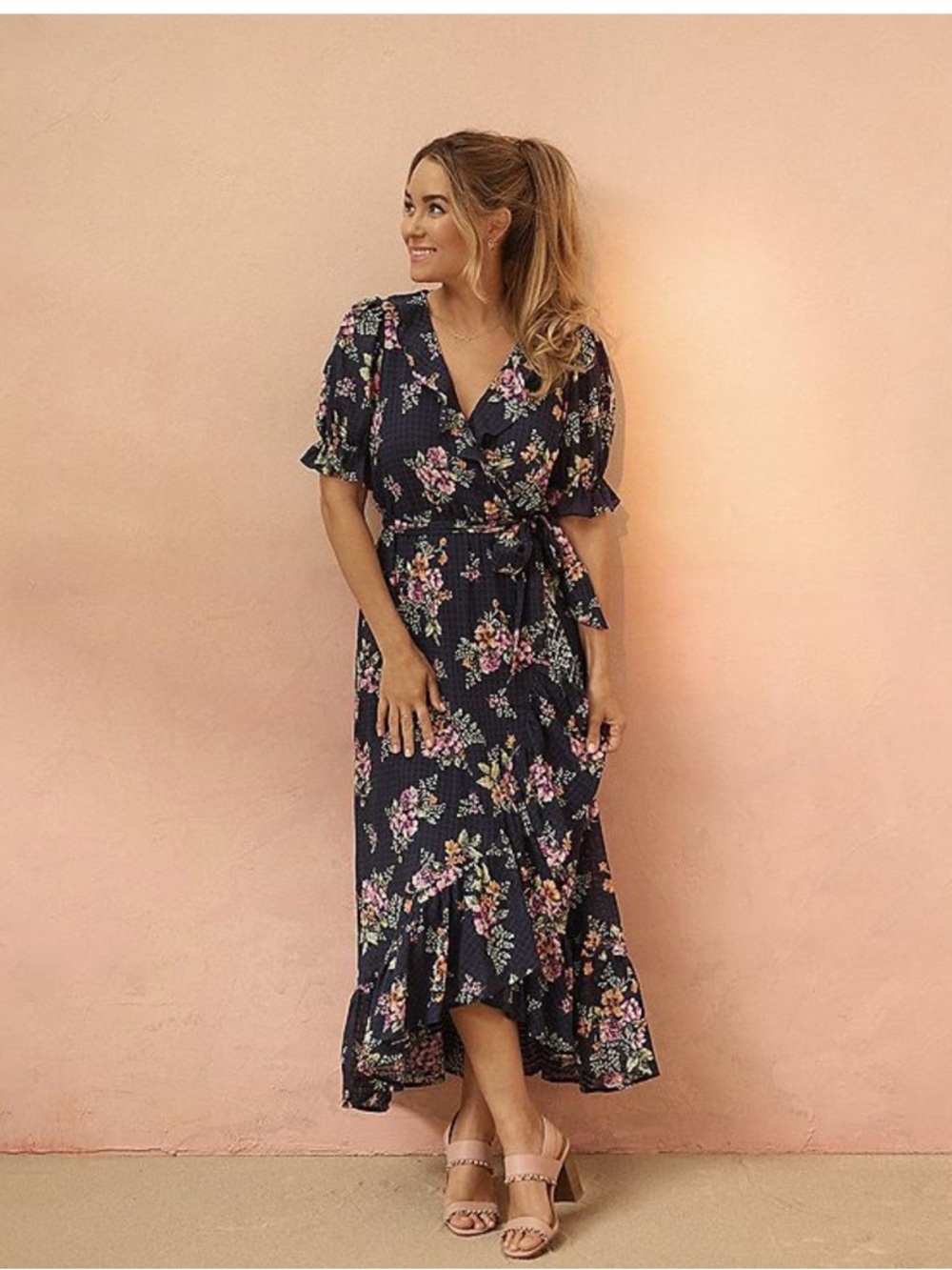 LC Lauren Conrad Navy Floral Wrap Maxi Dress